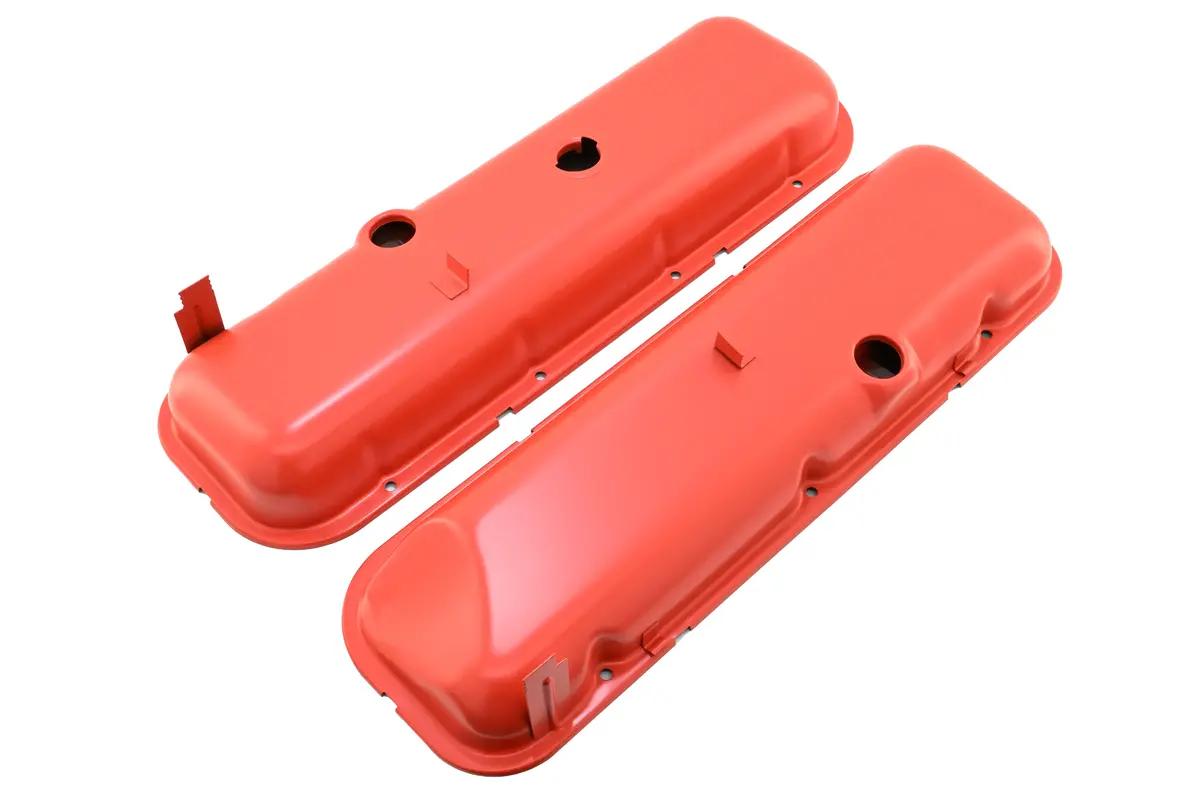 Steel Oem‑Style Short Valve Covers Fits 1965–1972 Chevy Bb 396‑427‑454 – Recessed Corner – 1–2 Holes – Orange 1