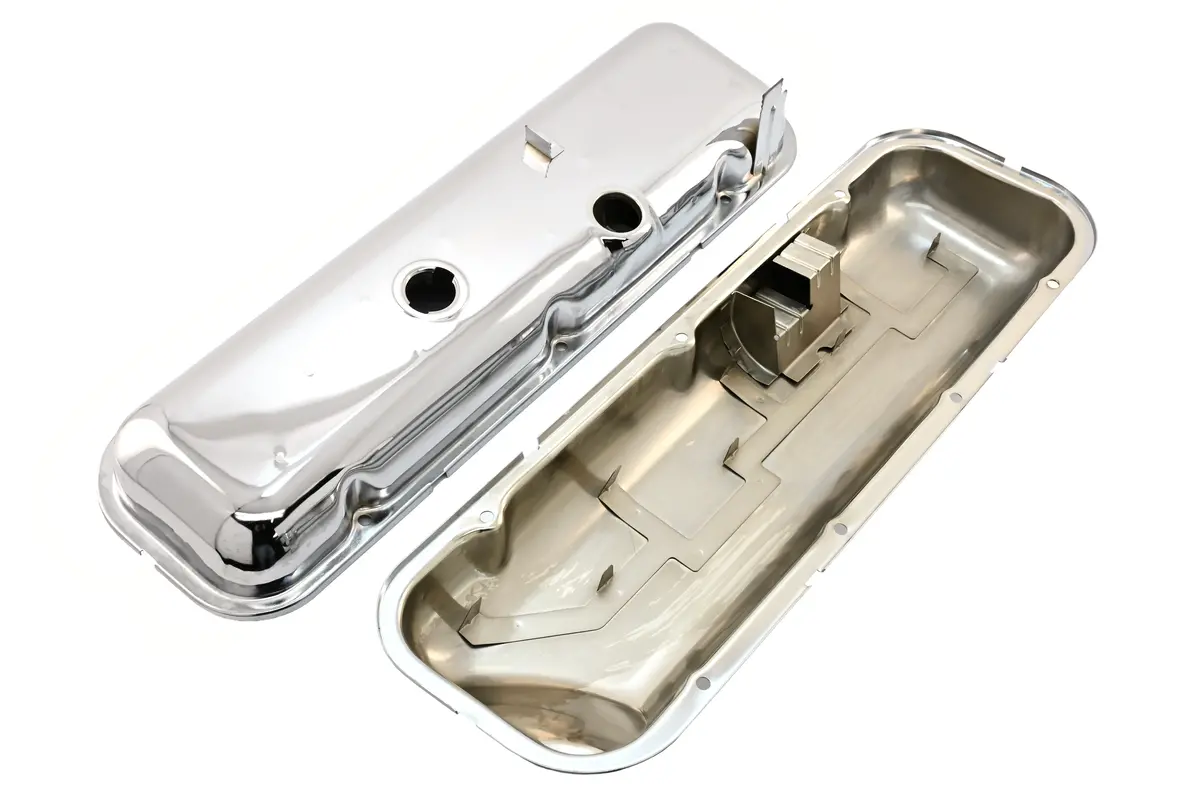 Steel Oem‑Style Short Valve Covers Fits 1965–1972 Chevy Bb 396‑427‑454 – Recessed Corner – 1–2 Holes – Chrome (With Dripper Rails) 1