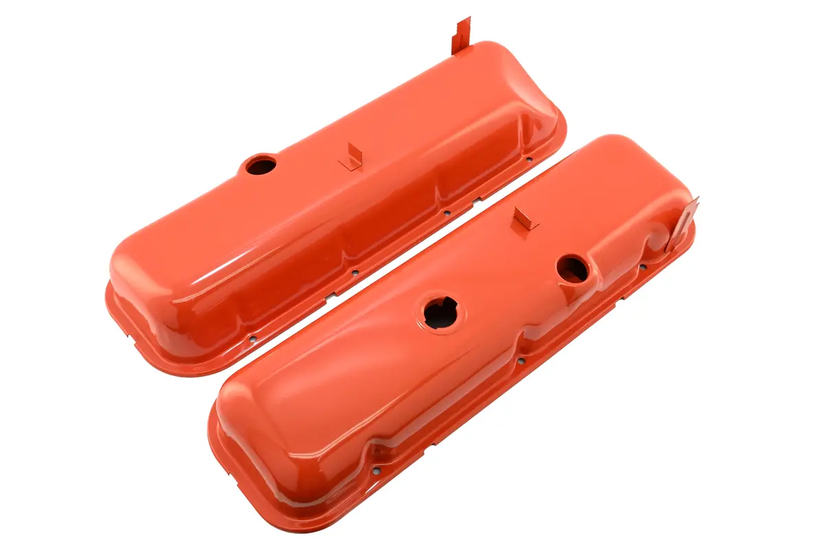 Steel Oem‑Style Tall Valve Covers Fits 1965–1972 Chevy Bb 396‑427‑454 – Recessed Corner – 1–2 Holes – Orange 1