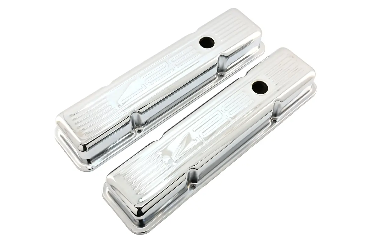 1958-86 Chevy Small Block 327 Short Steel Valve Covers - Chrome W- 327 Logo 1