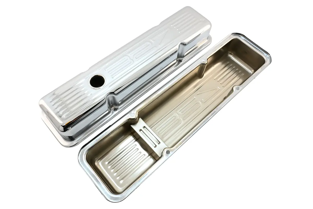 1958-86 Chevy Small Block 327 Short Steel Valve Covers - Chrome W- 327 Logo 2