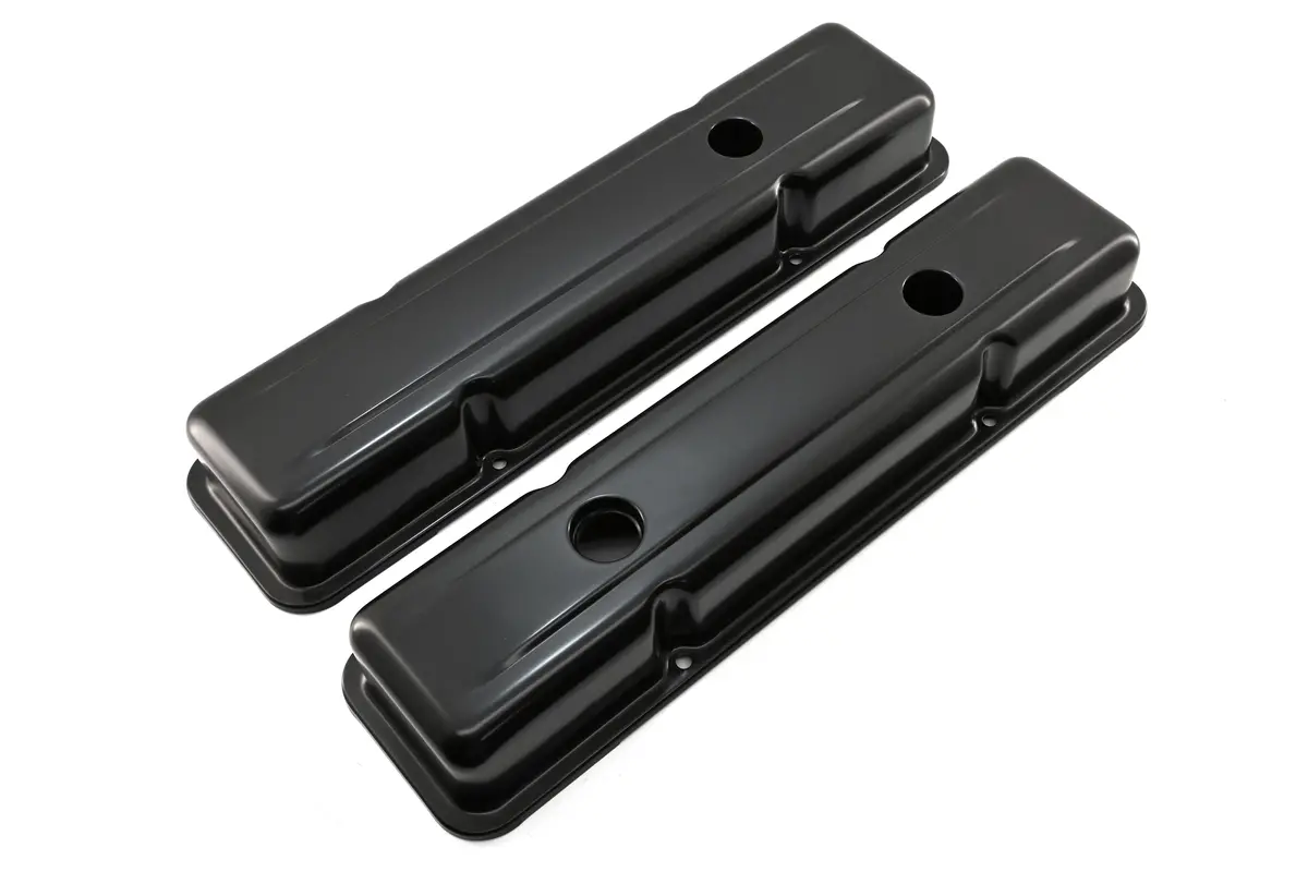 Steel 1958-86 Chevy Sb 283-400 1 Hole / 2 Hole Screw In Short Valve Covers -Baffled-Black 1