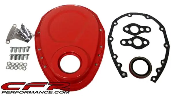 1955-95 Chevy Small Block 283-305-327-350-400 Steel Timing Chain Cover Set W- Timing Tab - Orange 1