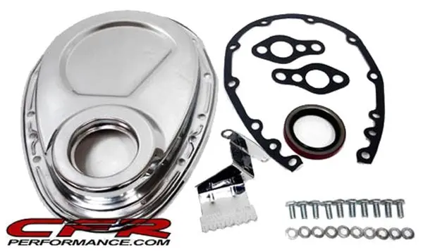 1955-95 Chevy Small Block 283-305-327-350-400 Steel Timing Chain Cover Set W- Timing Tab - Chrome 1