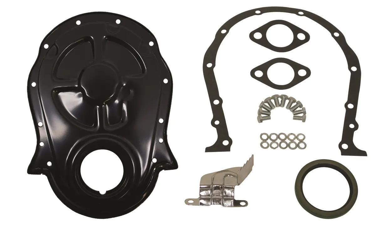 19Black Steel Timing Chain Cover Set With Timing Tab – Chevy Big Block 396–454 (1966–1990)66-90 Chevy Big Block 396-402-427-454 Steel Timing Chain Cover Set W- Timing Tab - Black 1