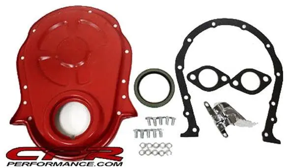 Painted Orange Steel Timing Chain Cover Set With Timing Tab – Chevy Big Block 396–454 (1966–1990) 1