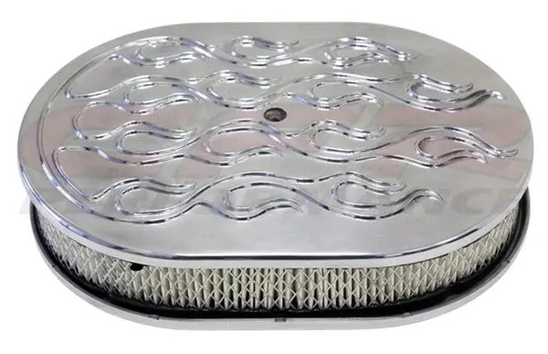 Chevy-Ford-Mopar 12" Oval Polished Aluminum Air Cleaner - Raised Flame 1
