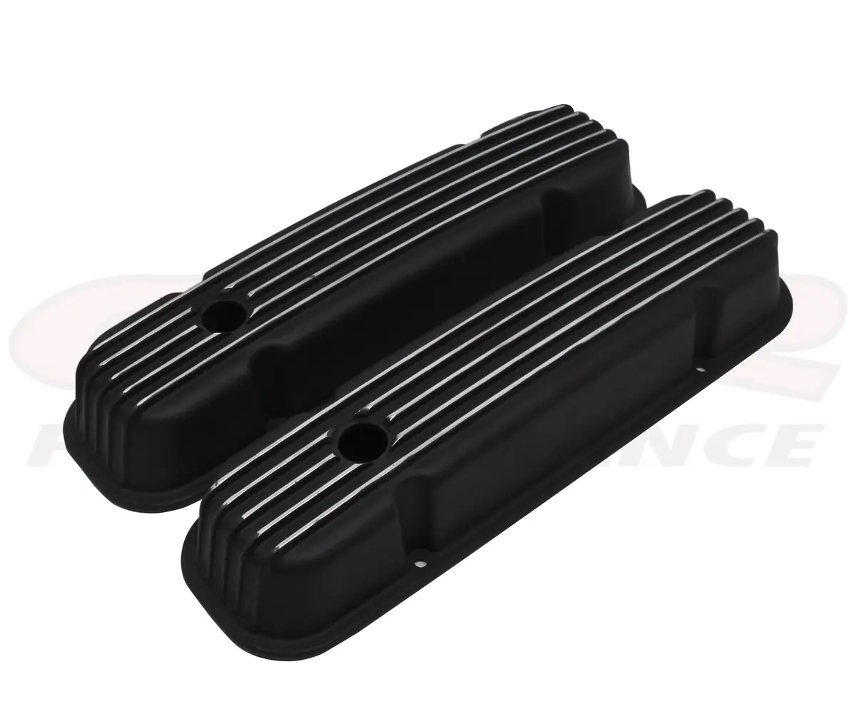 Pontiac 326-455 Polished Aluminum Valve Covers - Finned Black 1