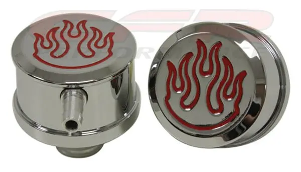 Chevy-Ford-Mopar Chrome Billet Aluminum Breather Set W- Pcv - Red Flames 1