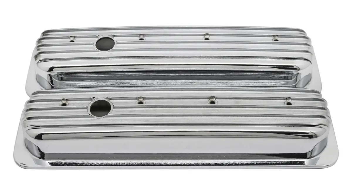 Aluminum Short Valve Covers – Chevy Sb Center Bolt 5.0L/5.7L 1987–97 – Full Finned Chrome 1