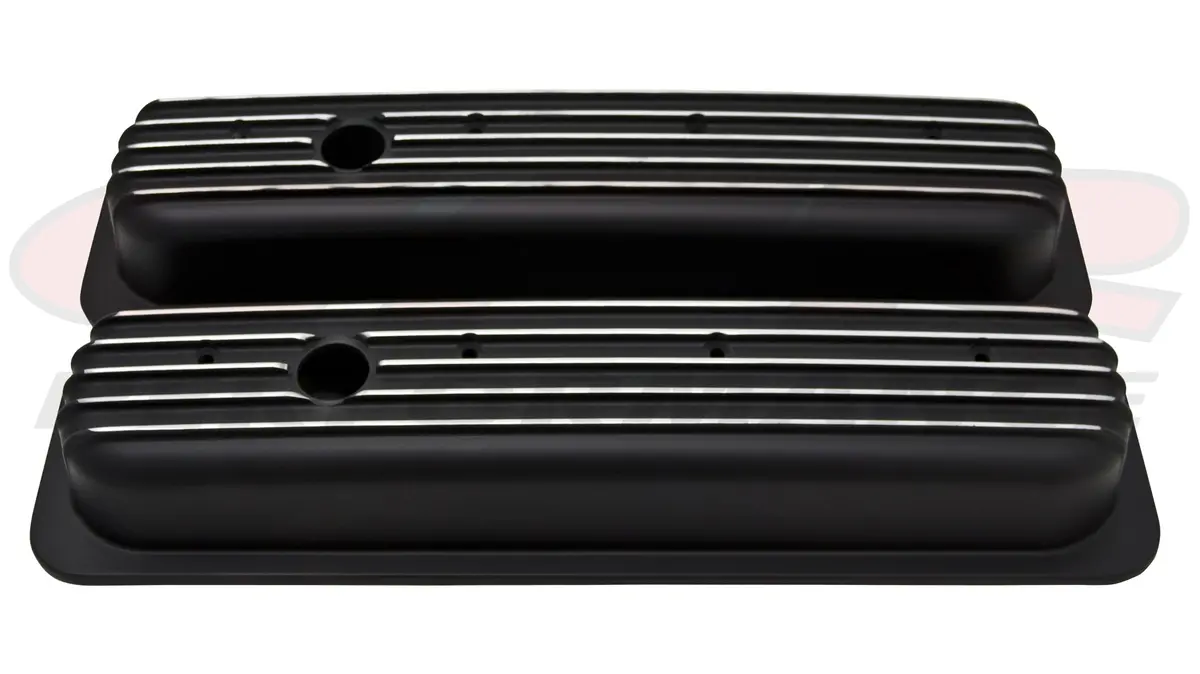 Aluminum 1987–97 Chevy Short Valve Covers Center Bolt – Full Finned – Black 1