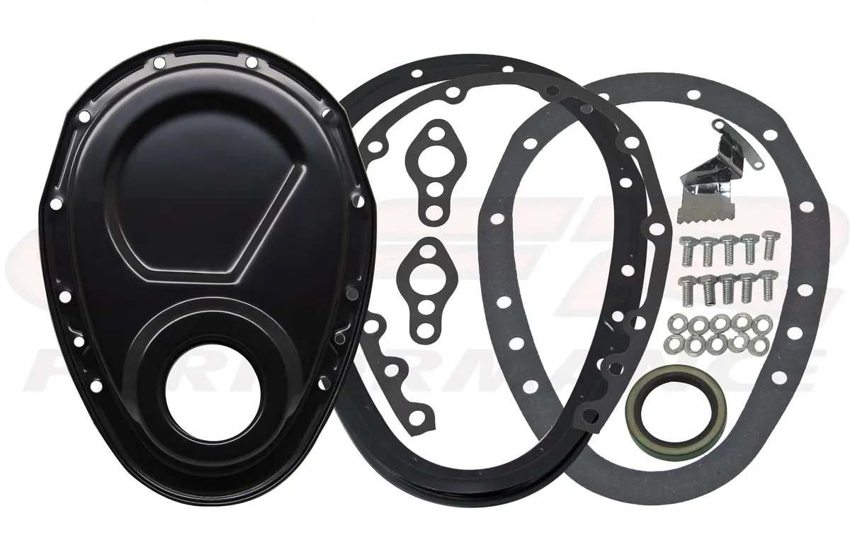 1955-65 Chevy Small Block 283-305-327-350-400 Steel 2-Piece Timing Chain Cover Set - Black 1