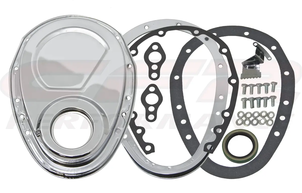 1955-65 Chevy Small Block 283-305-327-350-400 Steel 2-Piece Timing Chain Cover Set - Chrome 1