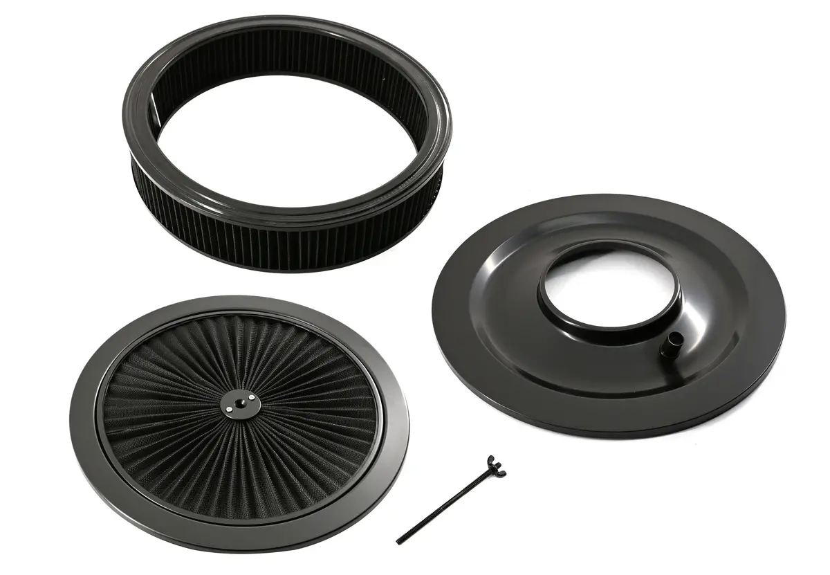 14" Black Steel Air Cleaner Set -Black Cotton Washable Air Cleaner Filter -Flat Base, Compatible With Chevy/Ford/Mopar 1