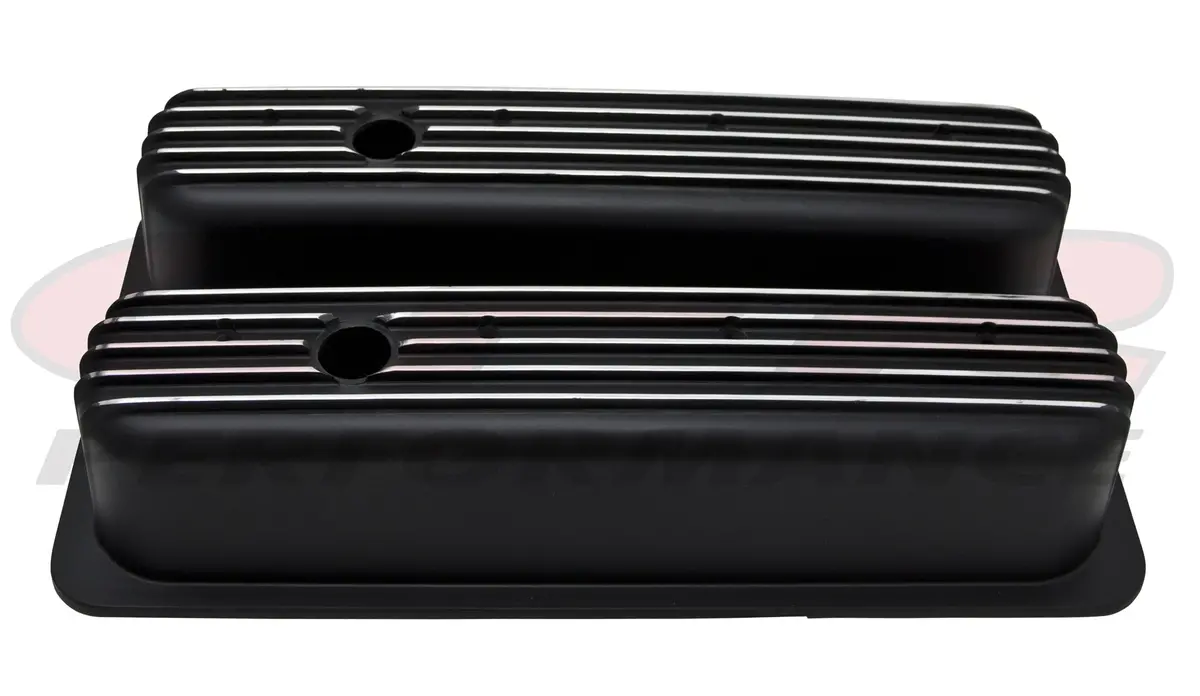 Aluminum 1987–97 Chevy Center Bolt Tall Valve Covers – Finned – Black 1
