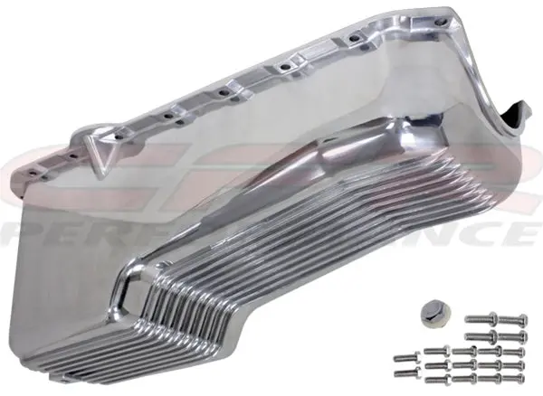 Aluminum Oil Pan – Fits 1980–1985 Chevy Sb 283–350 – Stock 4‑Quart – Retro Finned – Polished 1