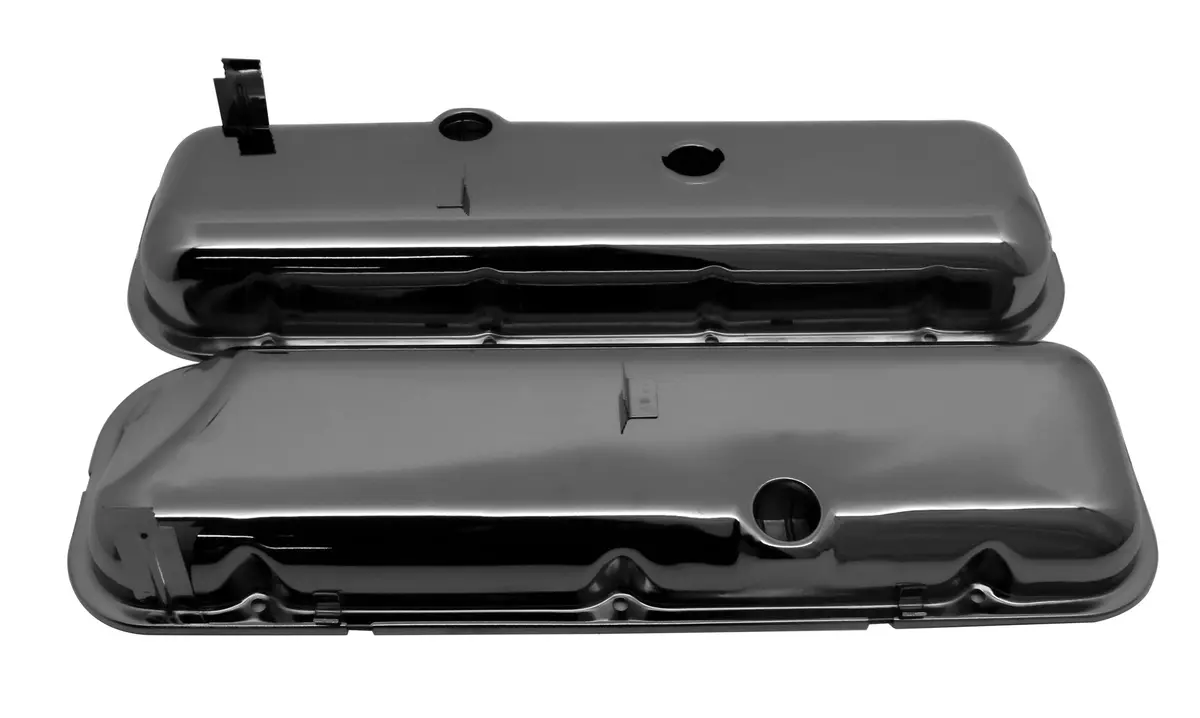 Steel Oem‑Style Short Valve Covers Fits 1965–1972 Chevy Bb 396‑427‑454 – Recessed Corner – 1–2 Holes – Black Chrome (With Dripper Rails) 1