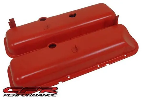 Steel Oem‑Style Short Valve Covers Fits 1965–1972 Chevy Bb 396‑427‑454 – Recessed Corner – 1–2 Holes – Orange (With Dripper Rails) 1