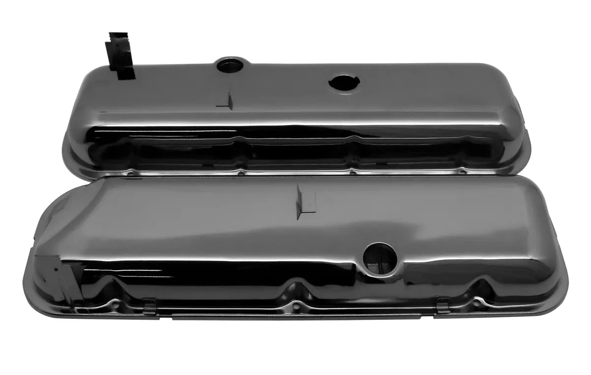 Steel Oem‑Style Short Valve Covers Fits 1965–1972 Chevy Bb 396‑427‑454 – Recessed Corner – 1–2 Holes – Black Chrome 1