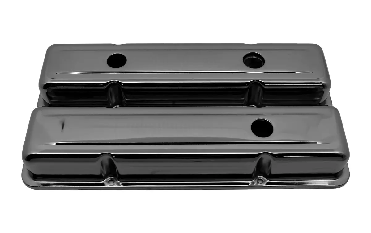 Steel 1958-86 Chevy Sb 283-400 1 Hole - 2 Hole Screw In Short Valve Covers - Baffled - Black Chrome 1