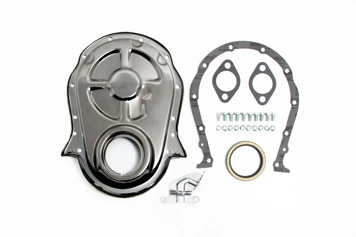 1966-90 Chevy Big Block 396-402-427-454 Steel Timing Chain Cover Set W- Timing Tab - Black Chrome 1