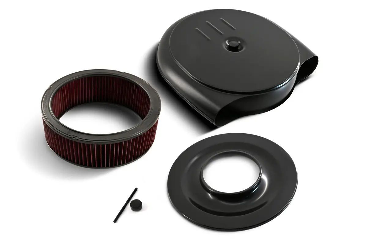 Retro-Style Air Cleaner Assembly – 15½" X 16" Round, Black Steel, ¾" Raised Base – Compatible With 4-Barrel Carbs (1951–56 Oldsmobile & Cadillac Style) 7/8 Scale 1