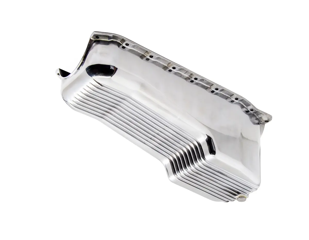 Aluminum Oil Pan – Fits 1986–2002 Chevy Small Block 262–400 – Retro Finned – Polished Finish 1
