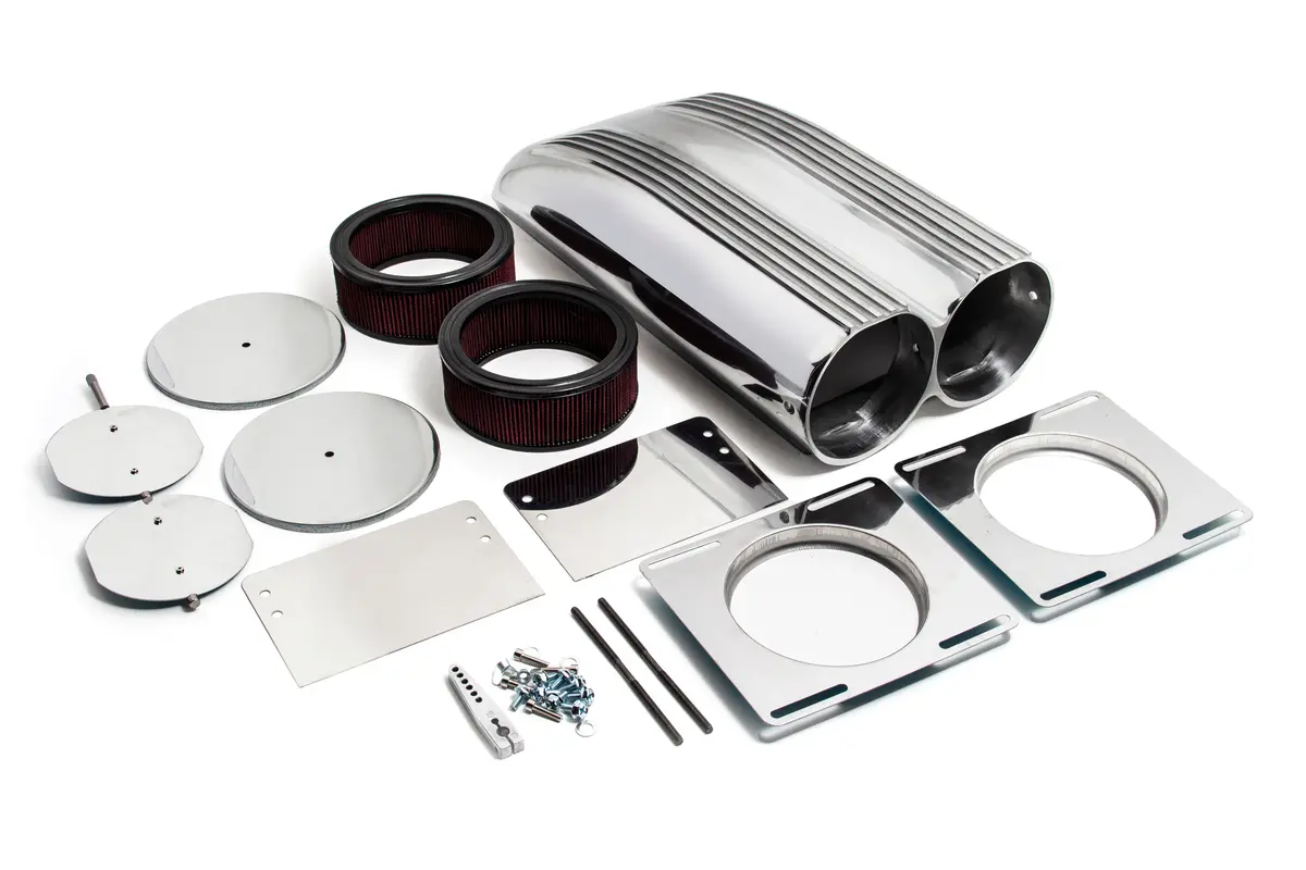 Finned Polished Aluminum Shotgun Style Double Scoop Air Cleaner – Dual 4-Barrel (Chevy, Ford, Mopar) 1