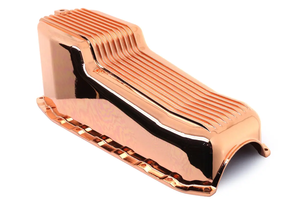 Aluminum Oil Pan – Fits 1980–1985 Chevy Sb 283–350 – Stock 4‑Quart – Retro Finned – Copper 1