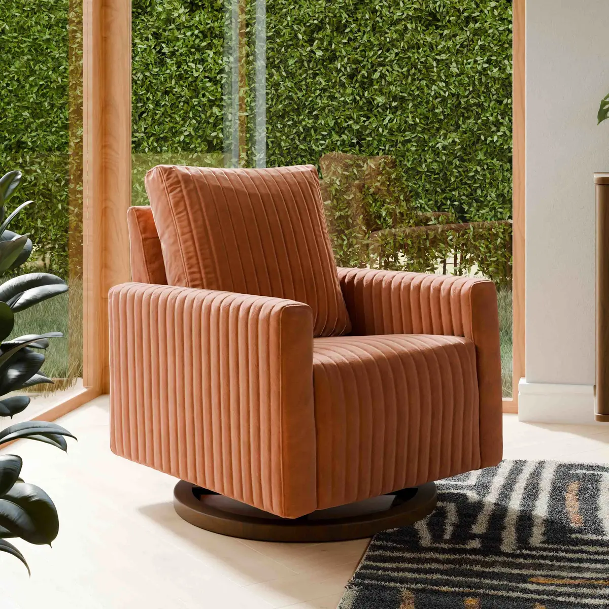 Poe Channeled Swivel Glider In Velvet 1
