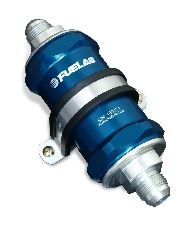 Fuelab 818 Inline Stainless Steel Fuel Filter – -12 An In / -10 An Out, 100-Micron, Blue Finish 1