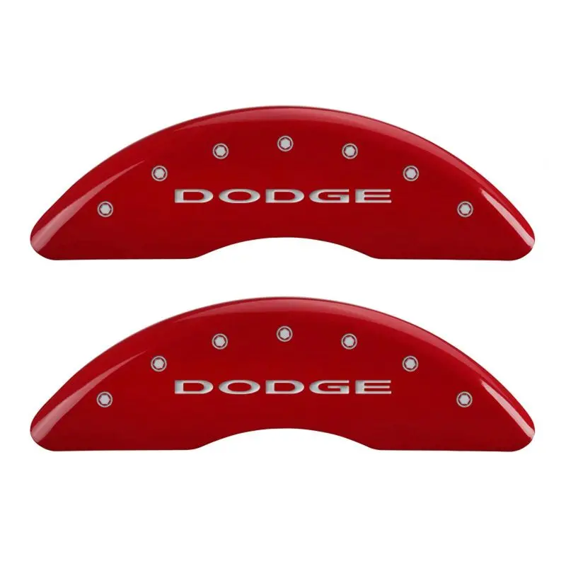 Mgp Engraved Front And Rear Caliper Covers – Dodge Red Finish, No Stripes, Silver Chrome Trim 1