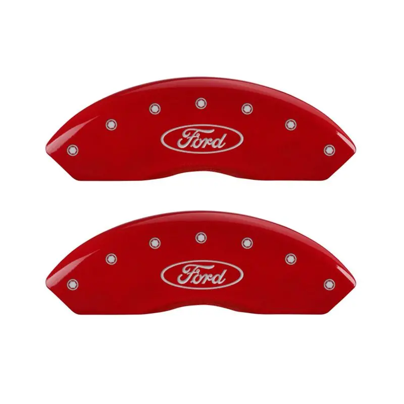 Mgp Engraved 4-Piston Caliper Covers – Front & Rear, Ford Oval Logo Design In Red With Silver Chrome 1