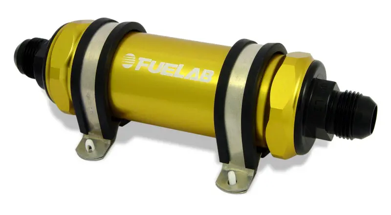Fuelab 828 Stainless Steel In-Line Fuel Filter – Gold Anodized, -6An Inlet / -10An Outlet, 100-Micron 1