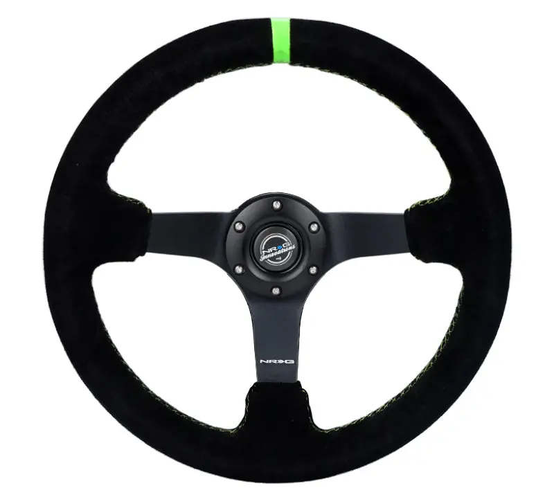 Nrg 350Mm Reinforced Steering Wheel With 3-Inch Depth, Black Suede & Neon Green Stitching, Matte Black Spokes 1